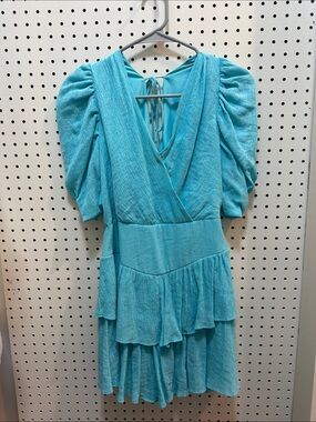 DO+BE Aqua Textured Tiered Wrap Mini Dress with Puff Sleeves